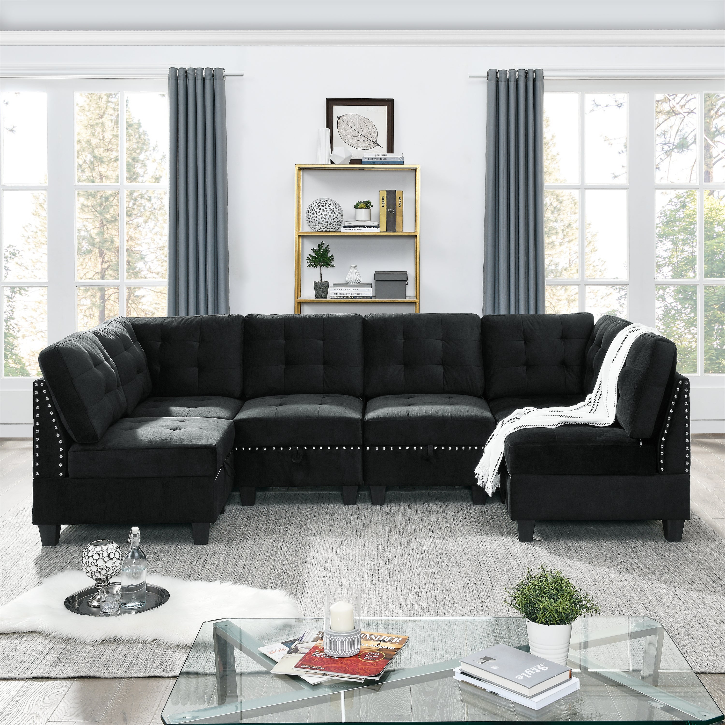 Black Velvet U-Shaped Modular Sectional Sofa with Storage-Stationary Sectionals-American Furniture Outlet