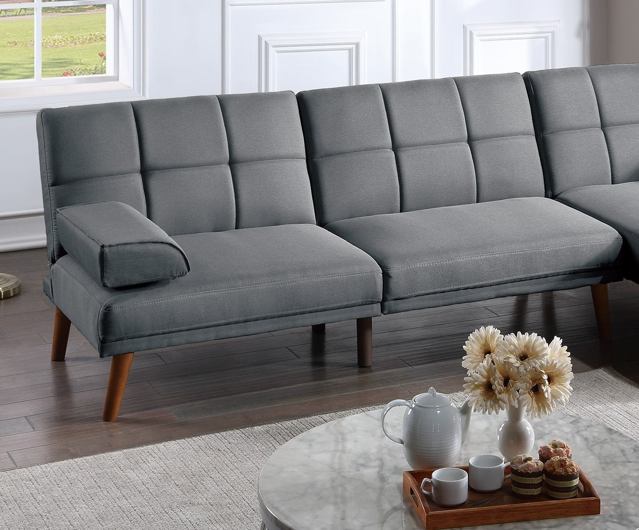Blue Grey Linen Reversible Sectional Sofa with Chaise | Tufted | Solid Wood Legs-Stationary Sectionals-American Furniture Outlet