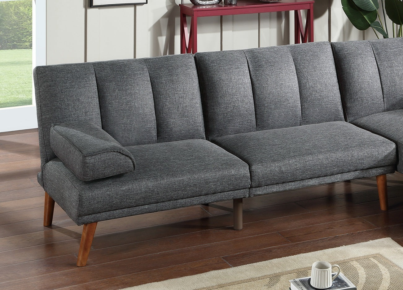 Blue Grey Polyfiber Sectional Sofa Set | 2-Piece Plush Living Room Couch w/ Chaise & Wood Legs-Stationary Sectionals-American Furniture Outlet