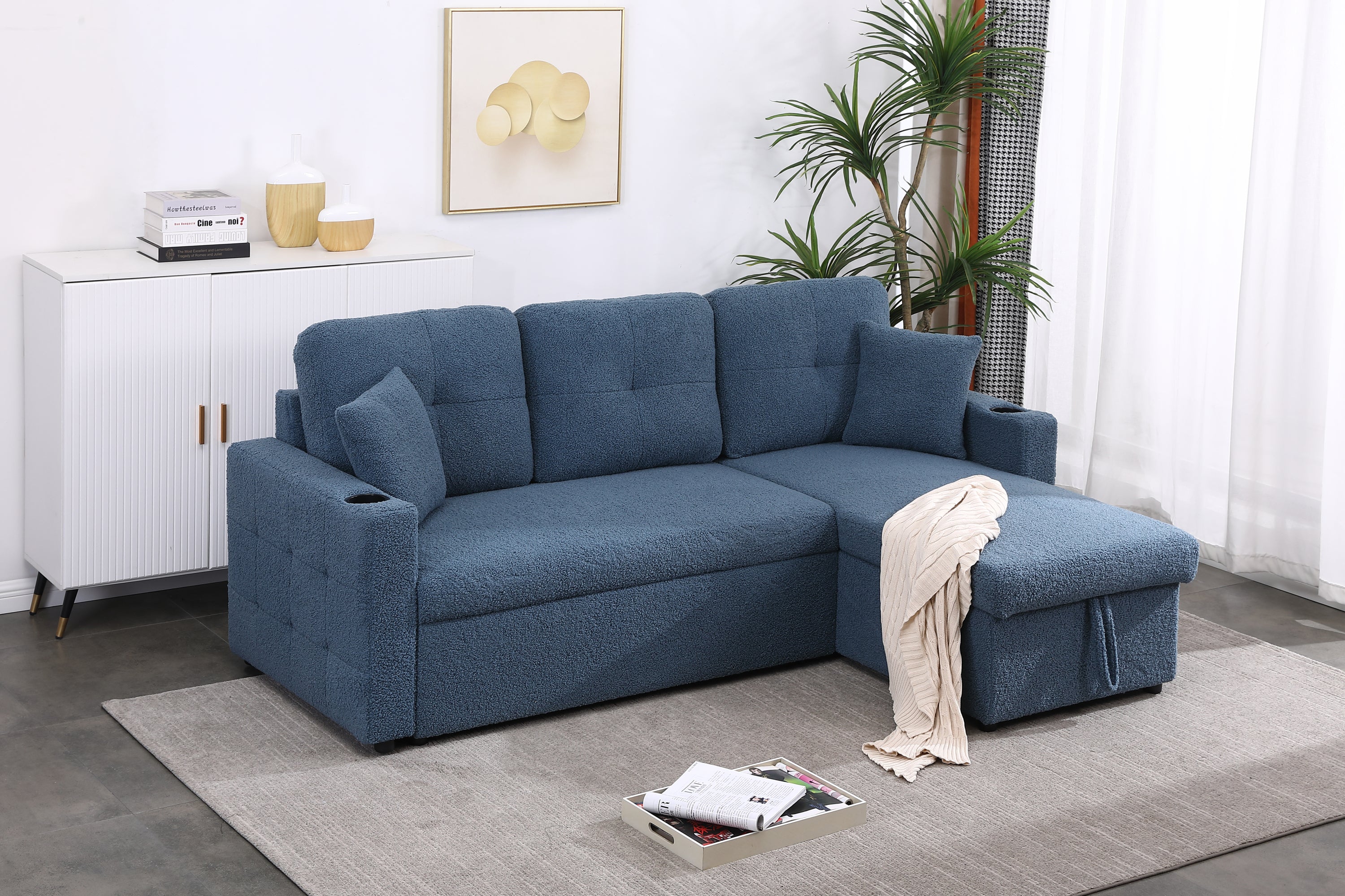 Blue Lamb Wool L Shaped Sleeper Sectional Sofa w/ Storage Chaise-Sleeper Sectionals-American Furniture Outlet