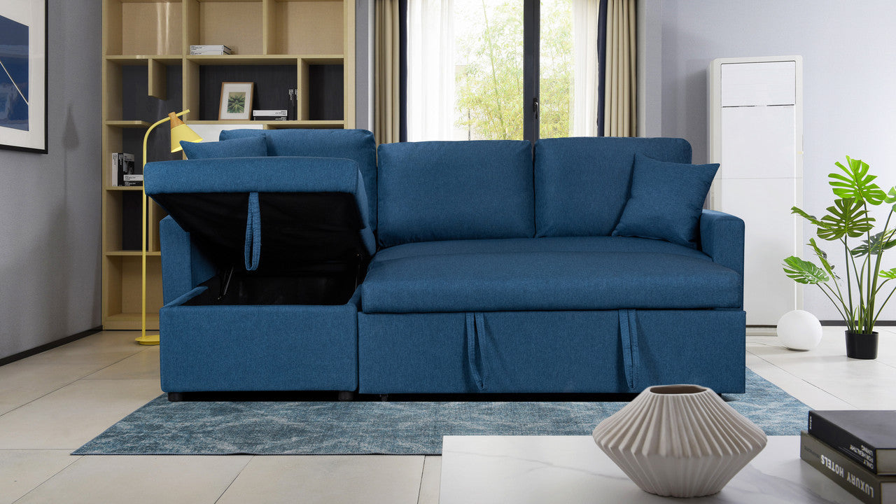 Blue Linen Sleeper Sectional w/ Storage-Sleeper Sectionals-American Furniture Outlet
