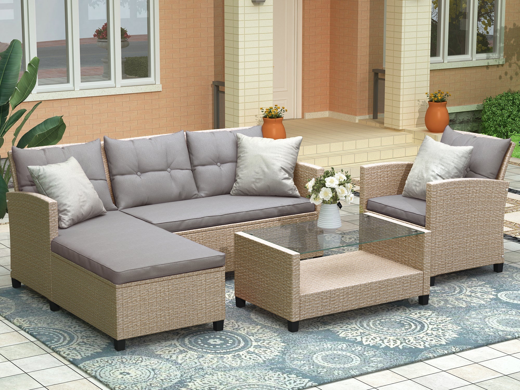 Brown 4-Piece Wicker Patio Sectional Set | Relax in Style-4 Piece Outdoor Sets-American Furniture Outlet