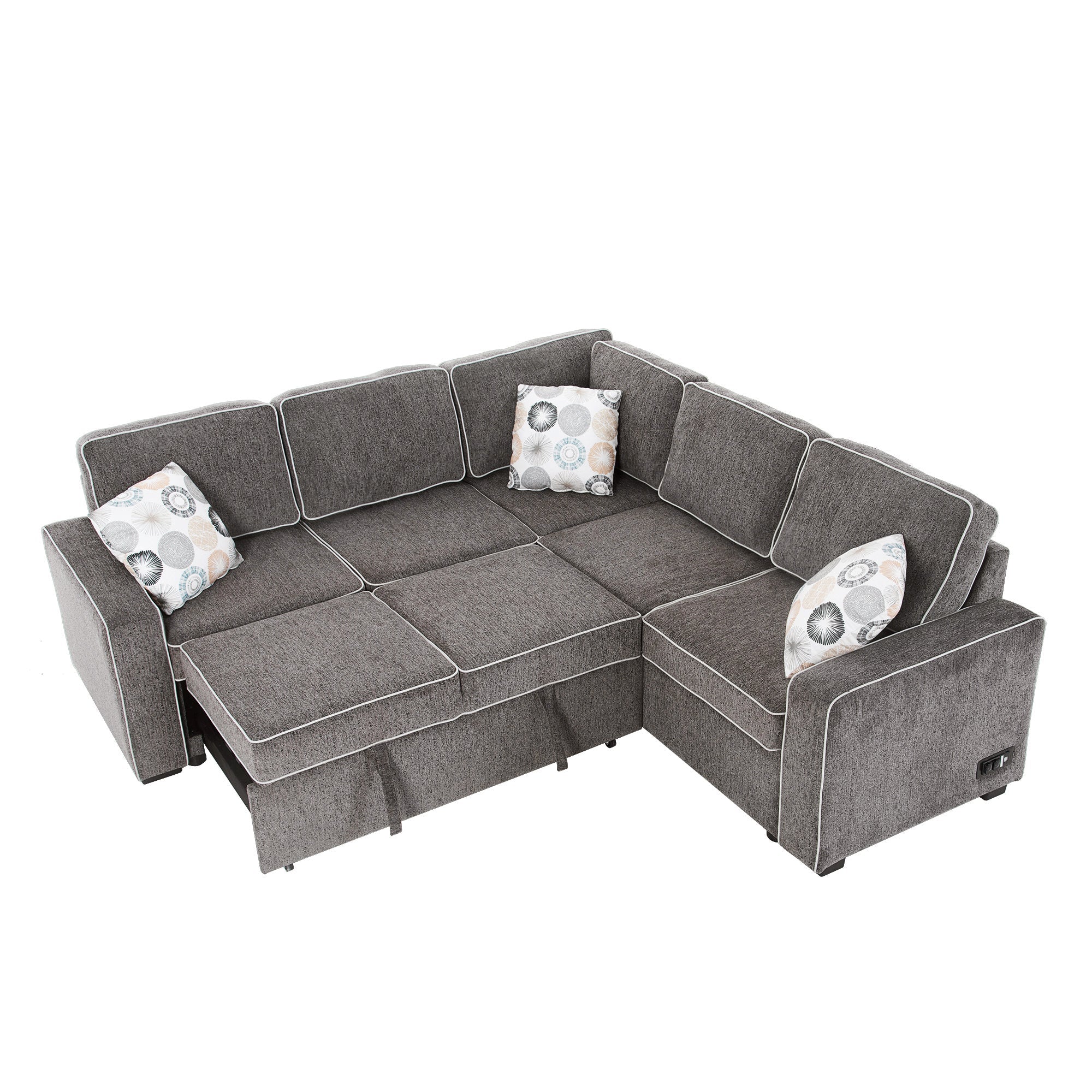 Brown 83" L-Shaped Linen Sleeper Sectional Sofa Bed with USB Charging-Sleeper Sectionals-American Furniture Outlet