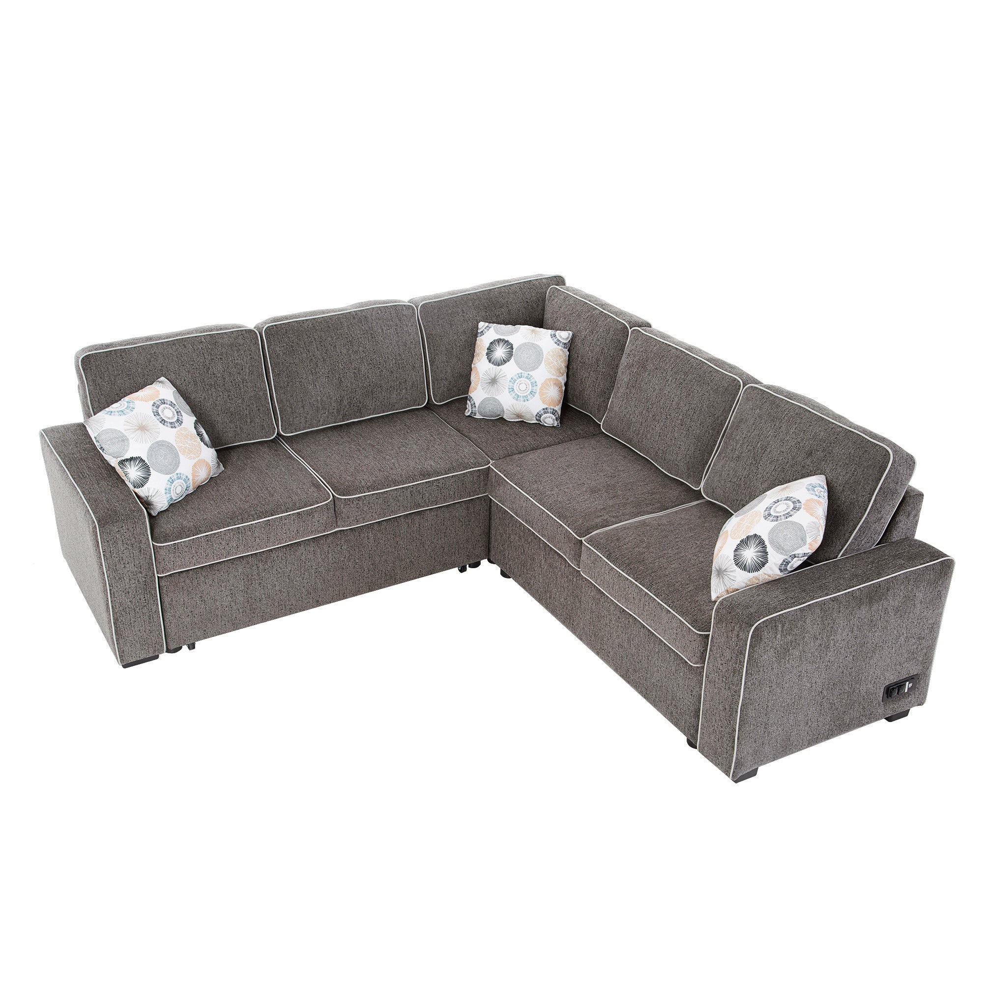 Brown 83" L-Shaped Linen Sleeper Sectional Sofa Bed with USB Charging-Sleeper Sectionals-American Furniture Outlet
