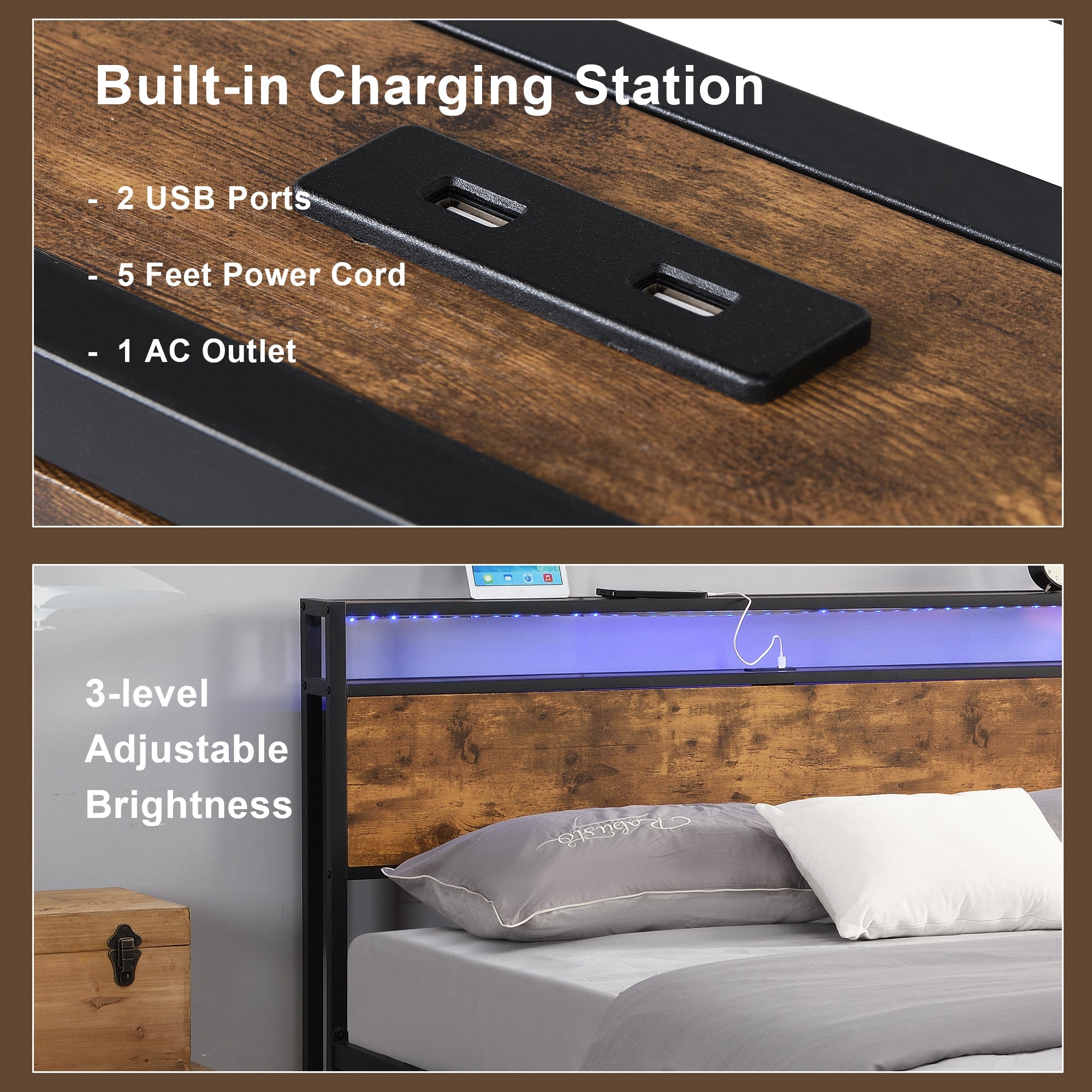 Brown Queen Industrial Bed Frame w/ LED, Storage & USB
