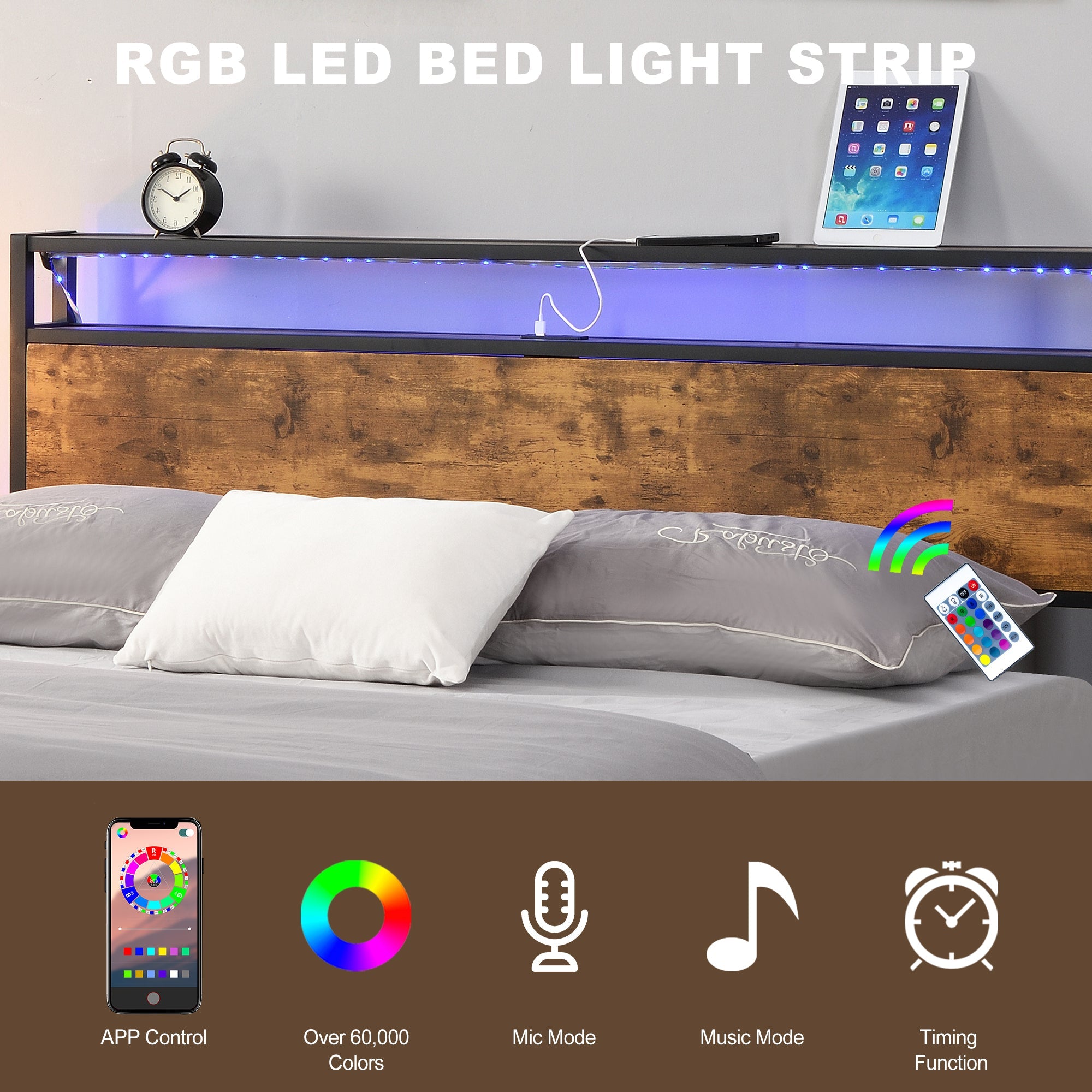 Brown Queen Industrial Bed Frame w/ LED, Storage & USB