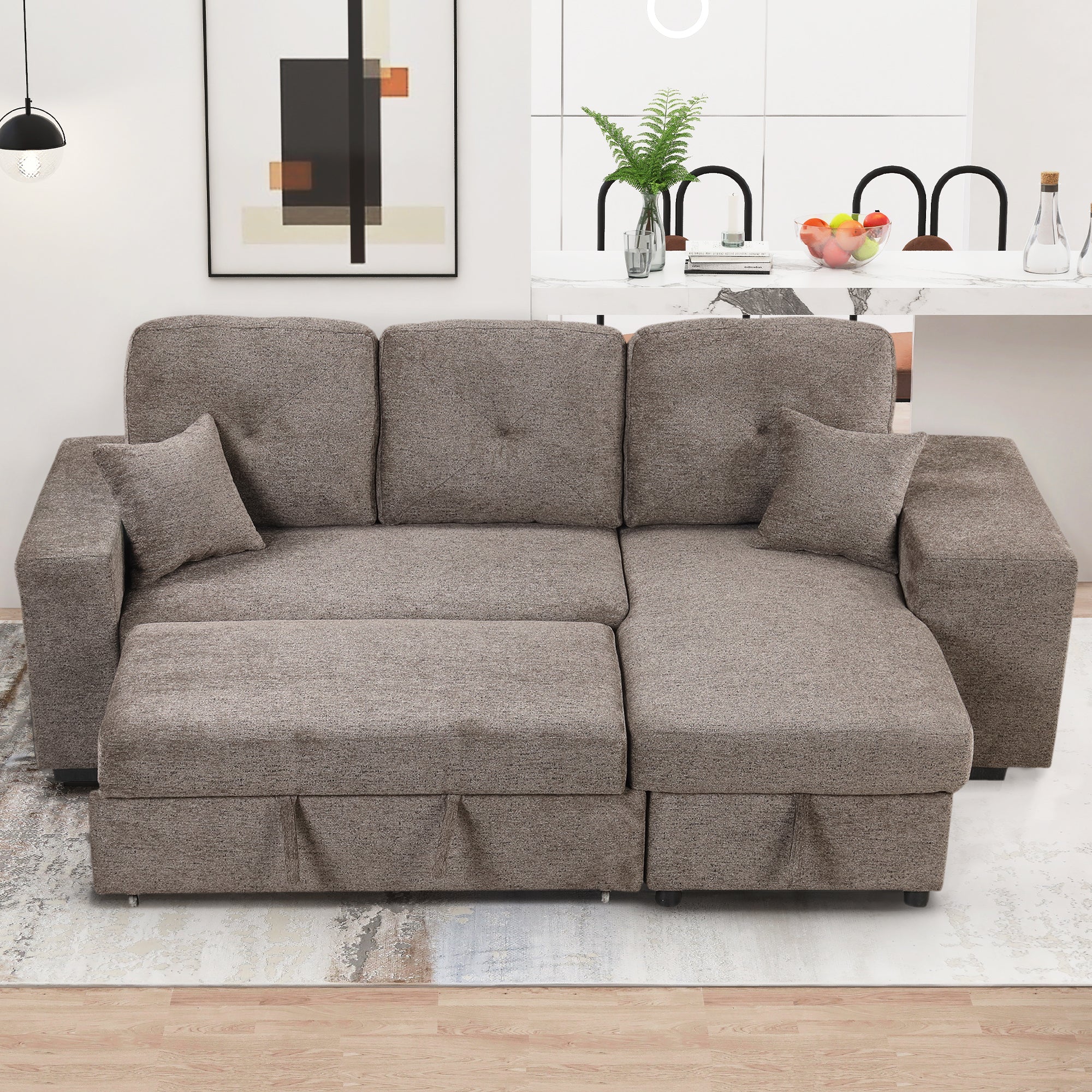 Brown Velvet Reversible Sleeper Sectional Sofa Bed with Storage Chaise & Stools-Sleeper Sectionals-American Furniture Outlet