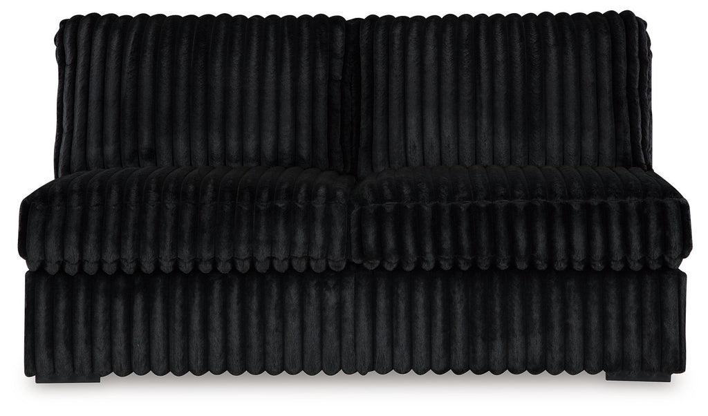 Onyx armless loveseat with ribbed fabric, thick seat cushion, and black arms