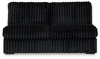 Onyx armless loveseat with ribbed fabric, thick seat cushion, and black arms