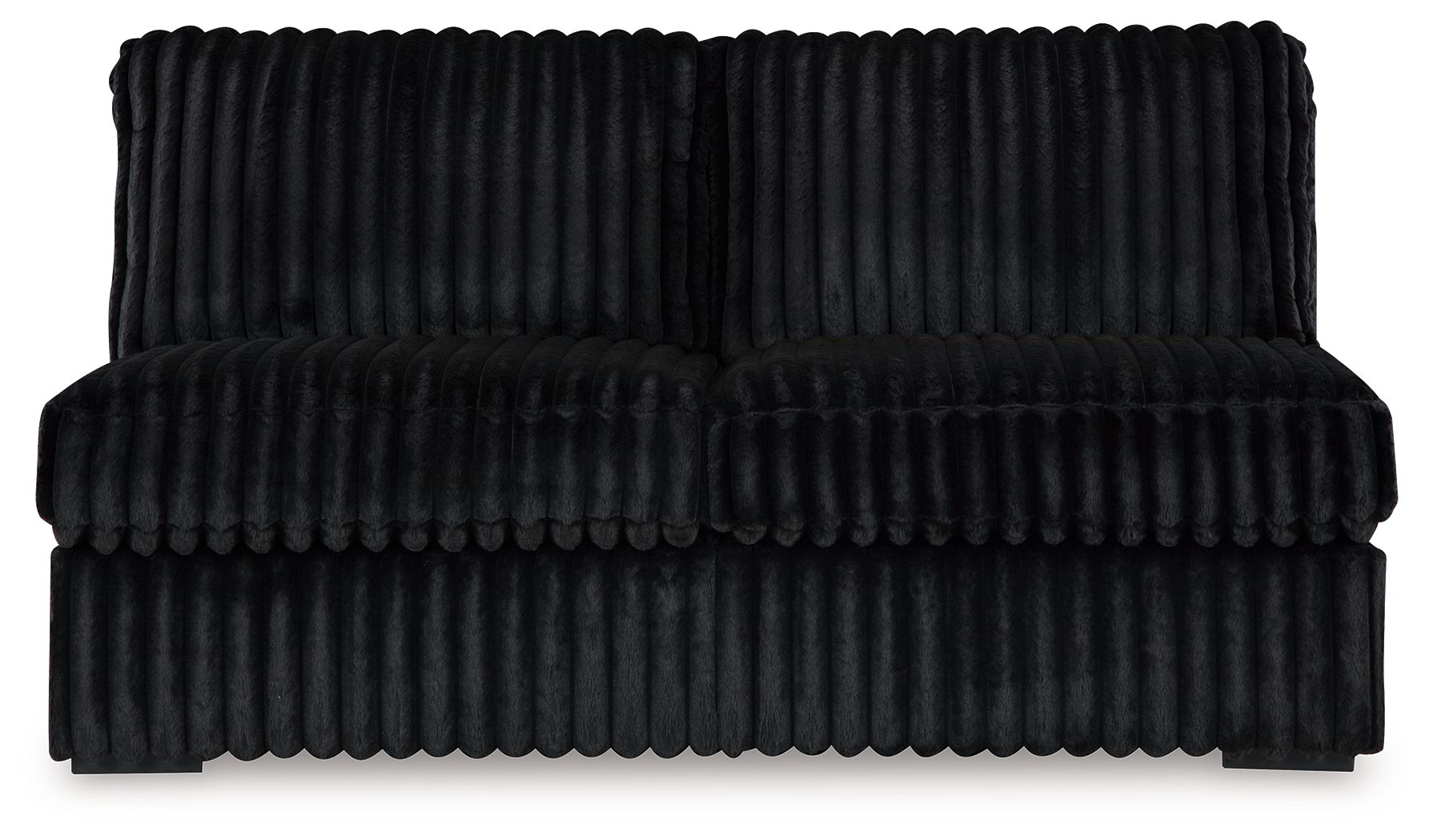 Onyx armless loveseat with ribbed fabric, thick seat cushion, and black arms