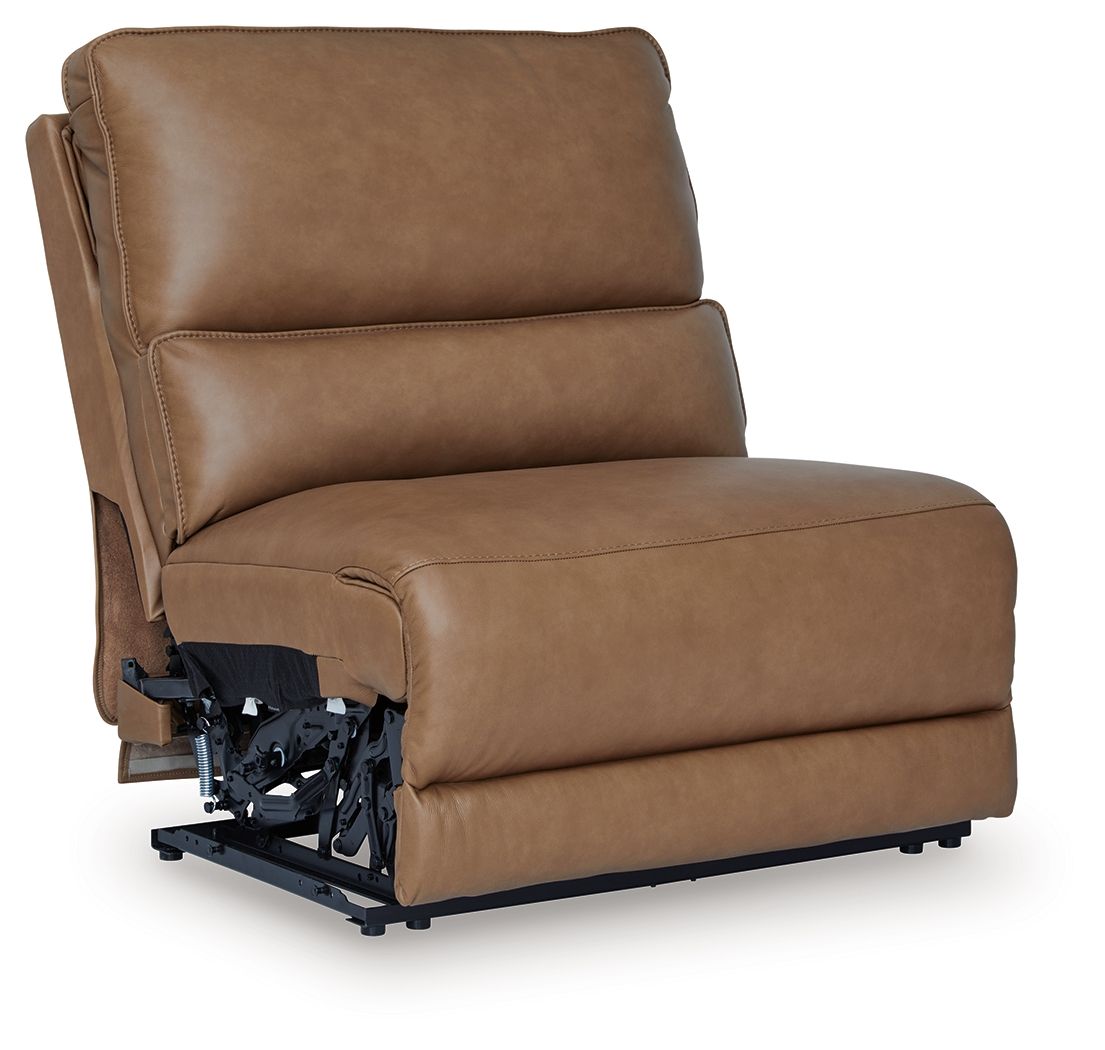Caramel power armless recliner with adjustable headrest, side view, exposed base parts.