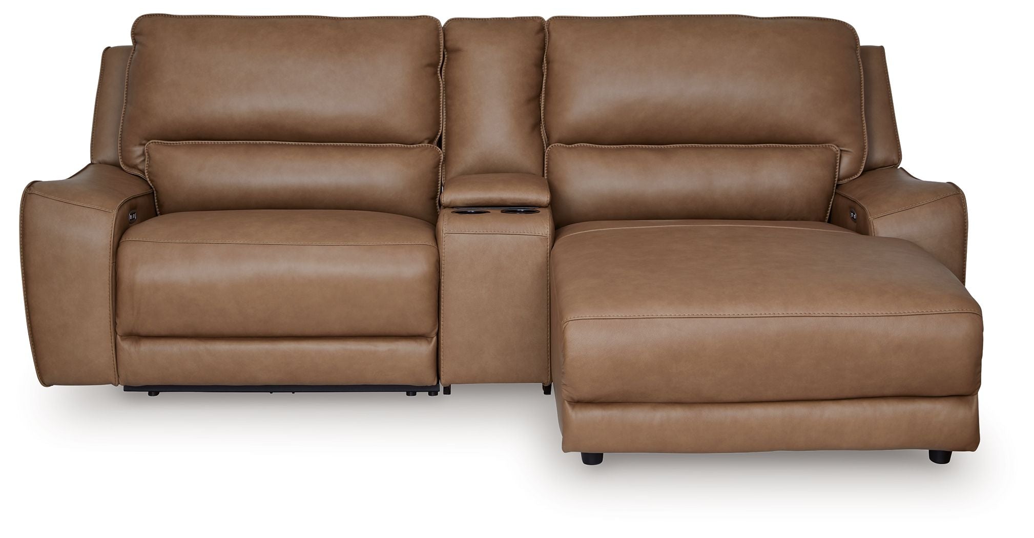 Power reclining sectional sofa with chaise and central recline panels in brown leather