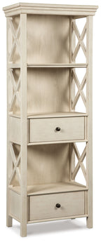 Antique white display cabinet with open shelves and two drawers
