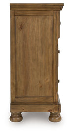 Feddinger medium brown wooden dresser side panel with hinges and metal knobs