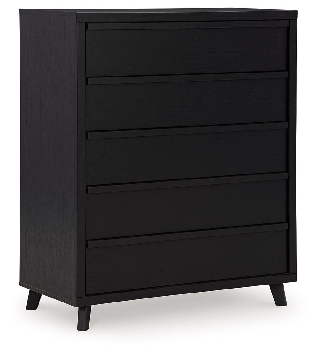 Black wide chest with five drawer fronts and straight top panel