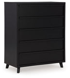 Black wide chest with five drawer fronts and straight top panel