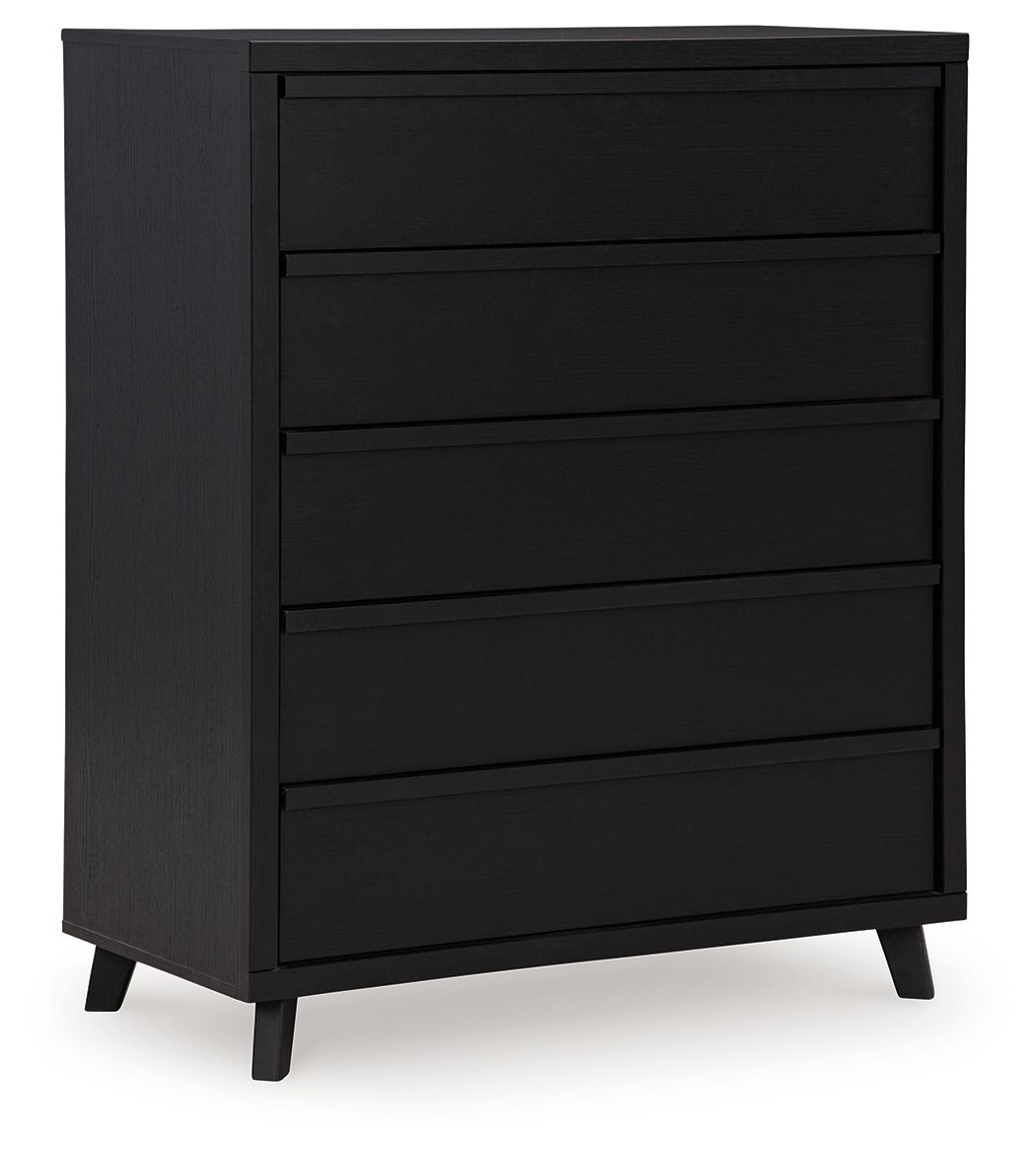 Black five-drawer wide chest with horizontal drawer fronts and angled legs