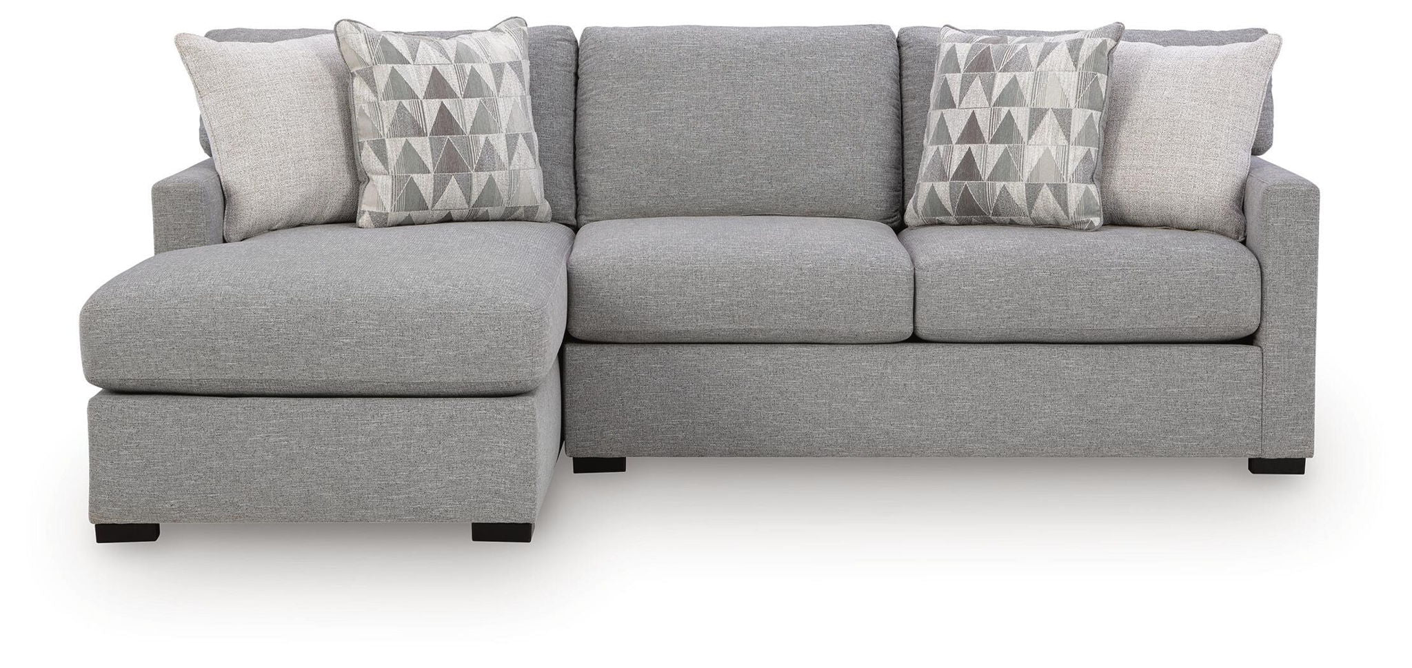 Dark gray sleeper sectional sofa with chaise and geometric throw pillows