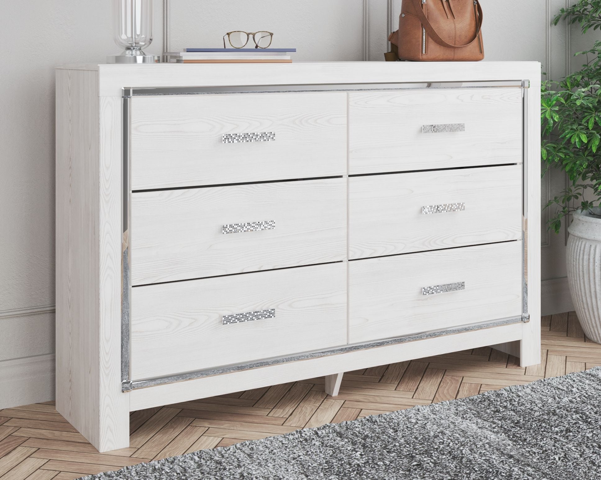 White dresser with mirror, framed mirror above six drawers with bar pulls