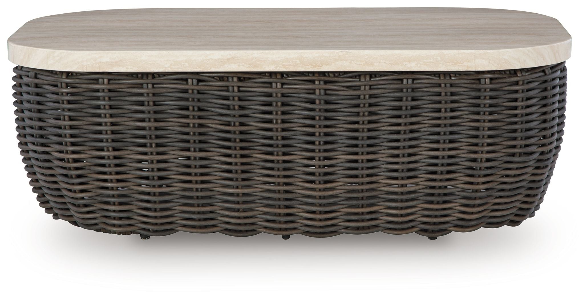 Dark brown wicker cocktail table with beige round-edged top and short profile
