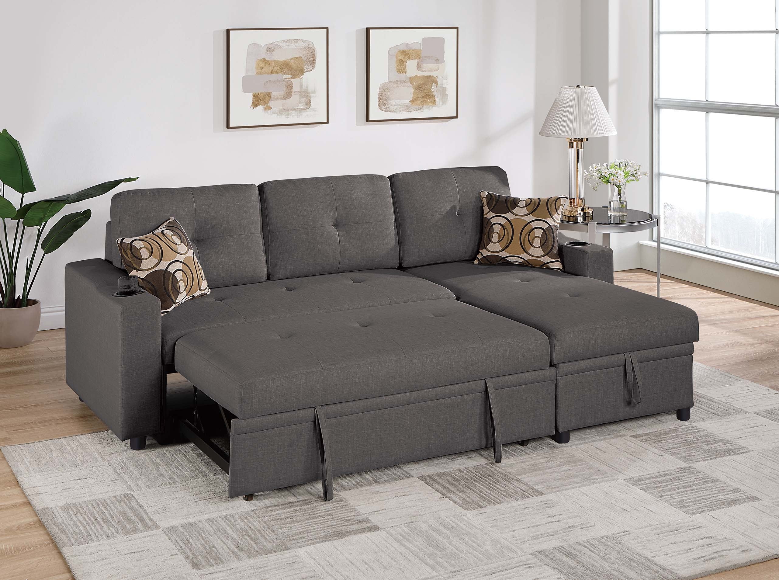 Poundex Reversible Sectional Sofa with Storage and Cup Holders