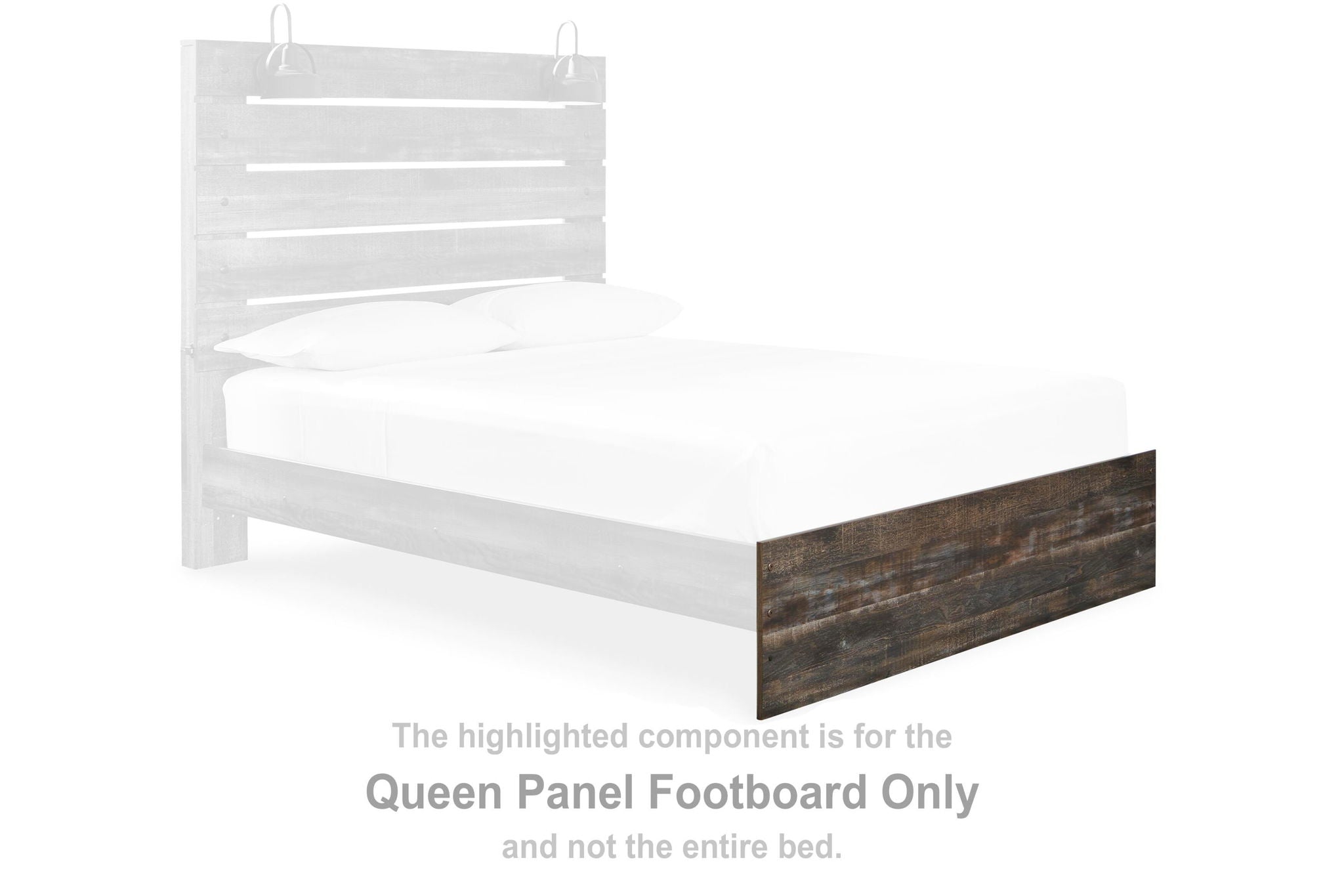 Queen panel footboard with dark brown wood panels and beige trim