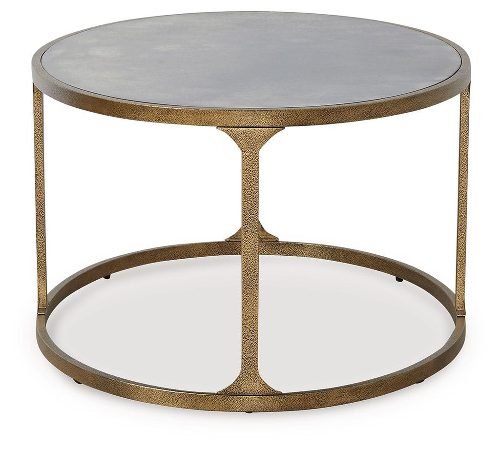 Round side table with light gray stone top and gold metal open base