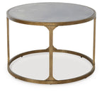 Round side table with light gray stone top and gold metal open base