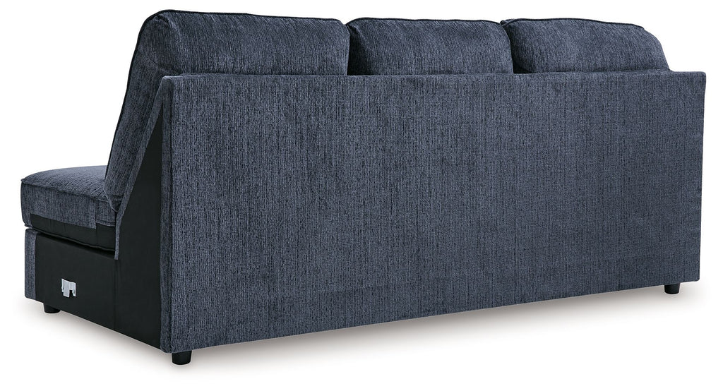 Cobalt blue fabric sofa chaise with three high back cushions and tapered base