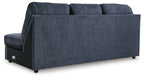 Cobalt blue fabric sofa chaise with three high back cushions and tapered base