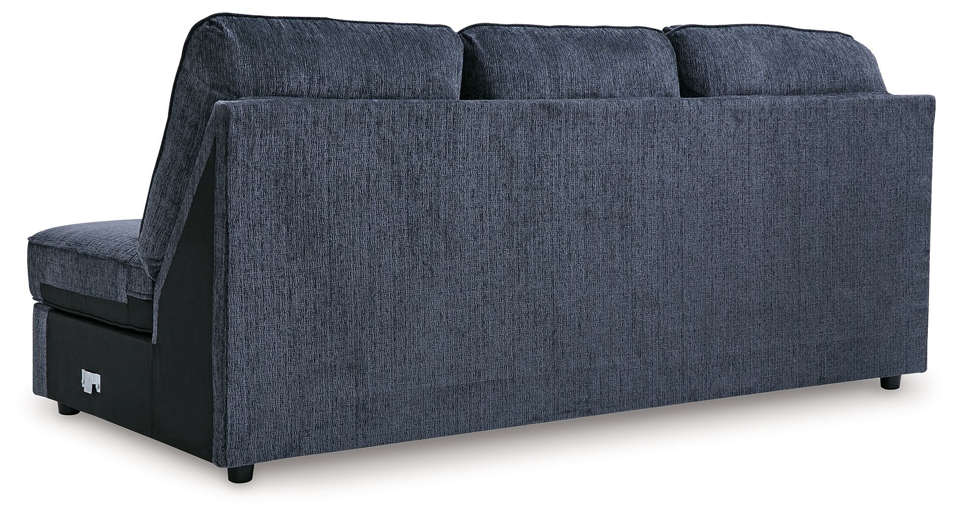 Cobalt blue fabric sofa chaise with three high back cushions and tapered base