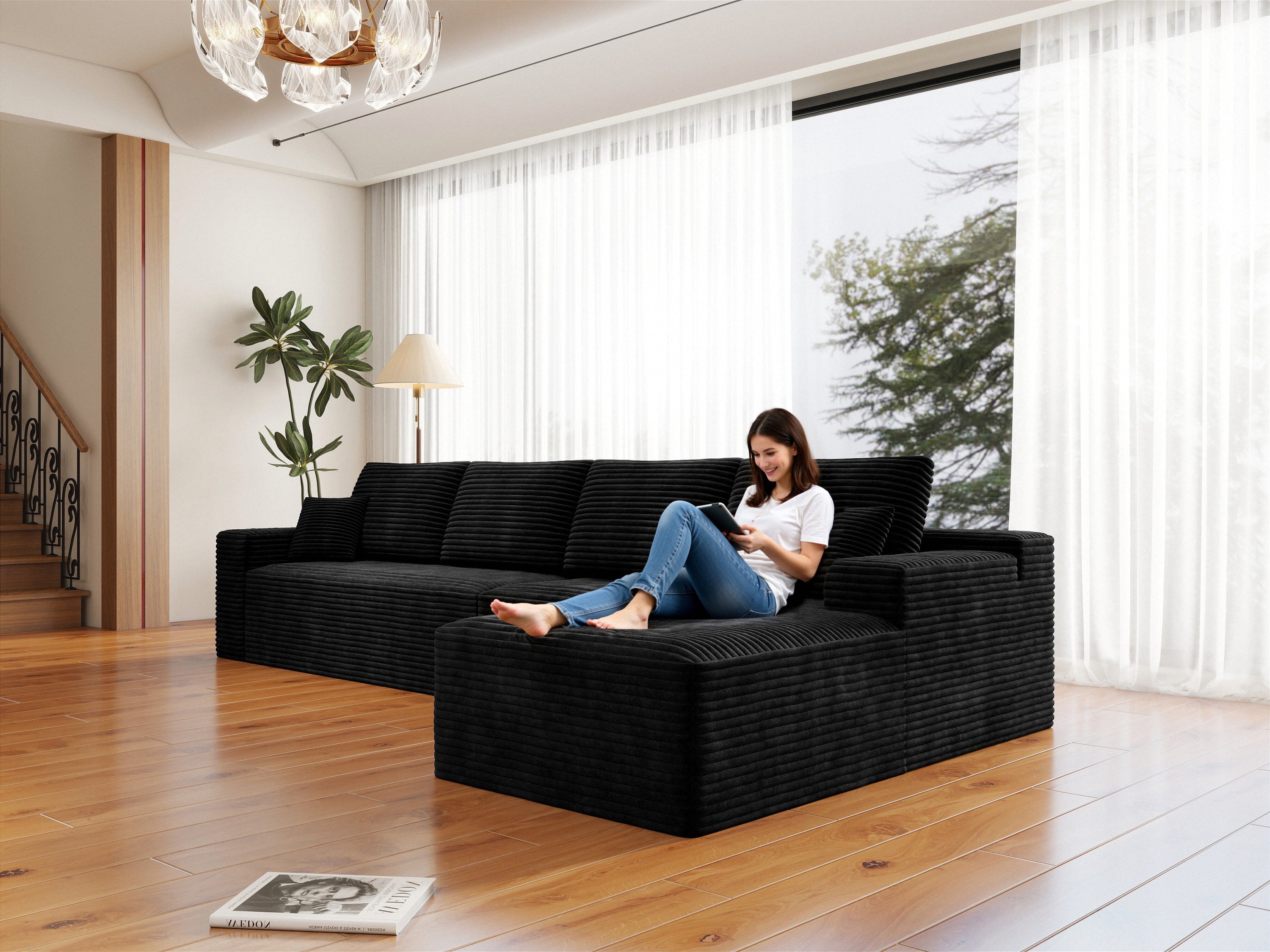 Black Modular Sectional Sofa - Plush Corduroy Couch, 4-PC