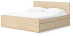 Light brown panel platform bed with two front drawers and slat base