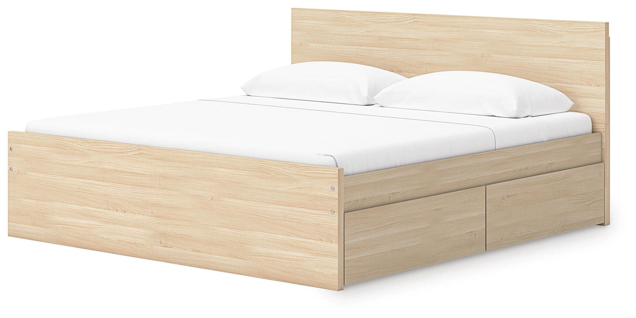 Light brown panel platform bed with two front drawers and slat base