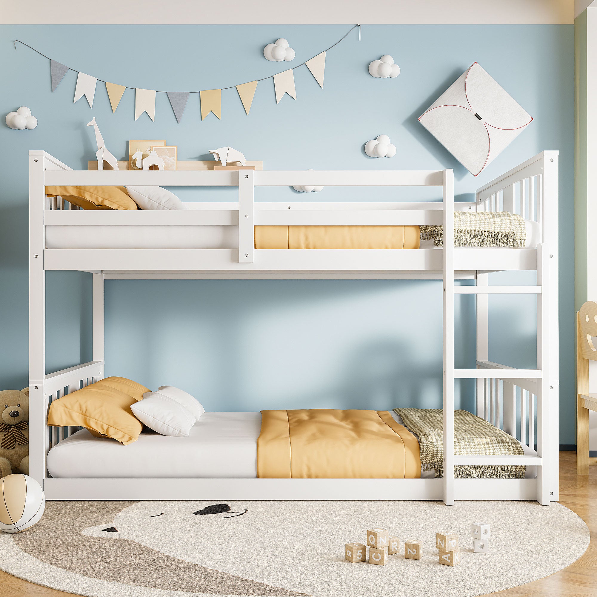 White Twin Over Twin Bunk Bed with Ladder for Kids
