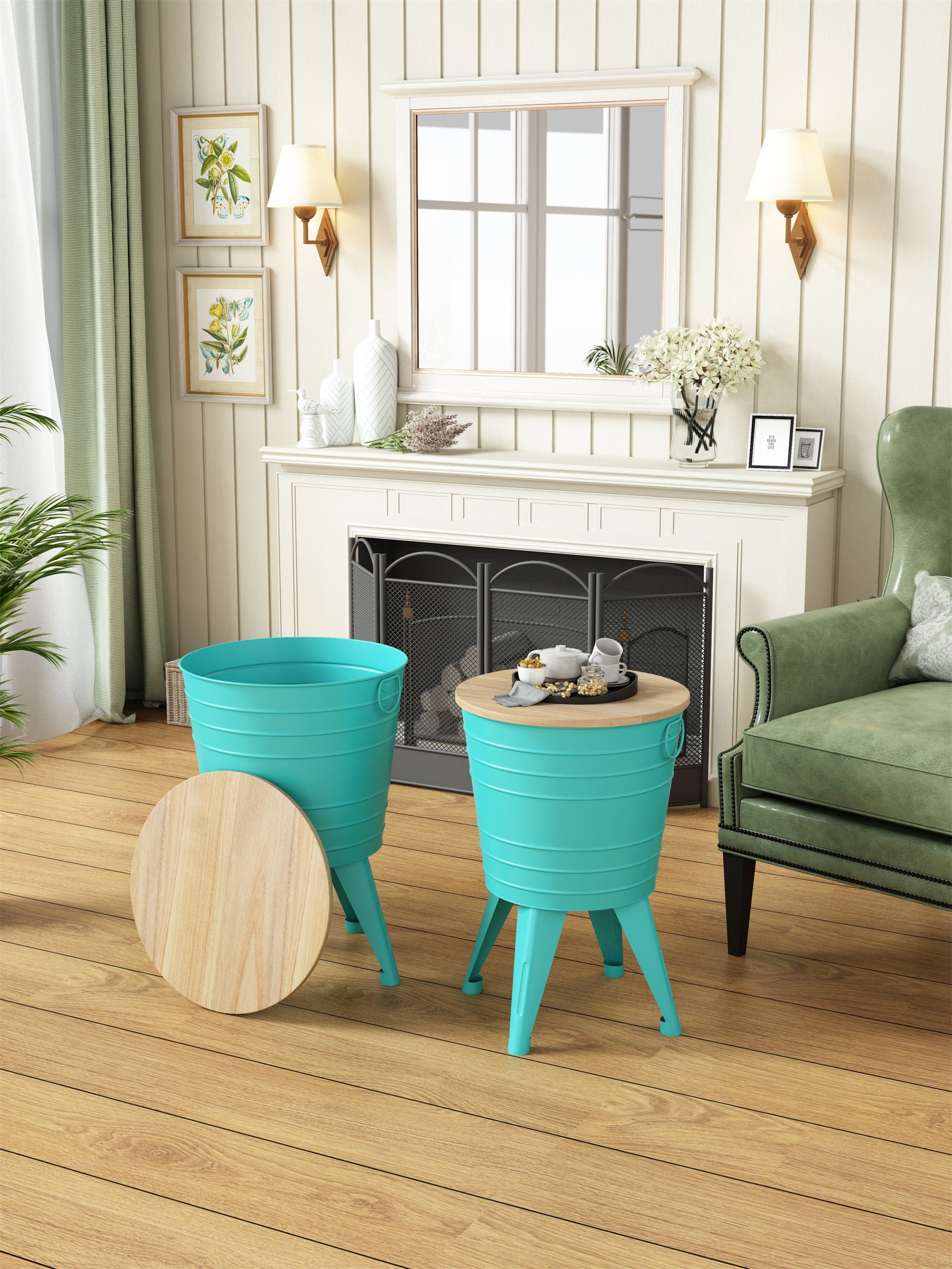 Farmhouse Rustic Distressed Metal Accent Cocktail Table With Wood Top - Turquoise (Set of 2)