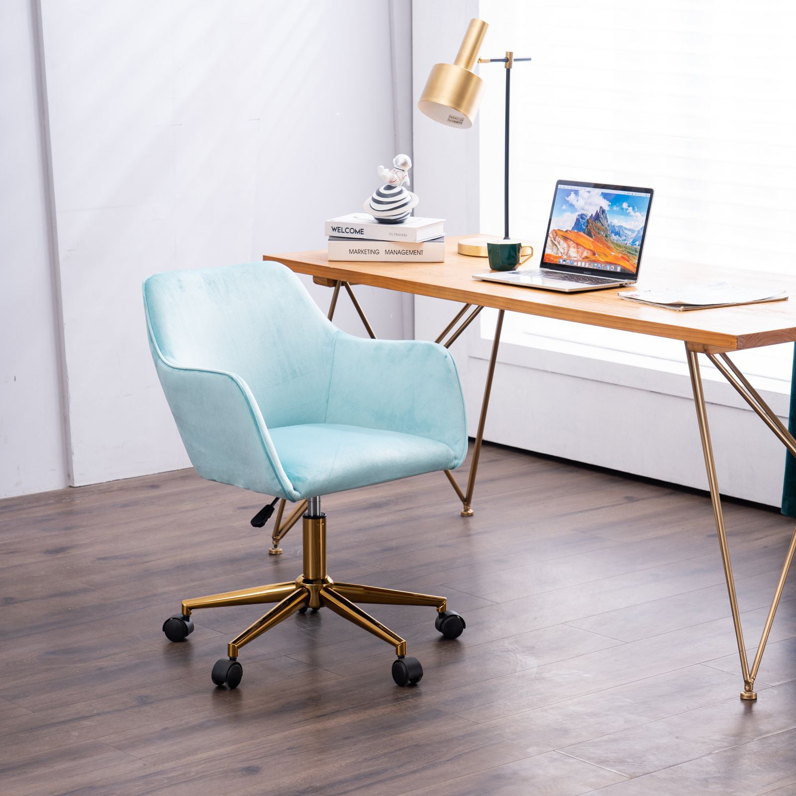 Velvet Adjustable Home Office Chair with Gold Metal Legs