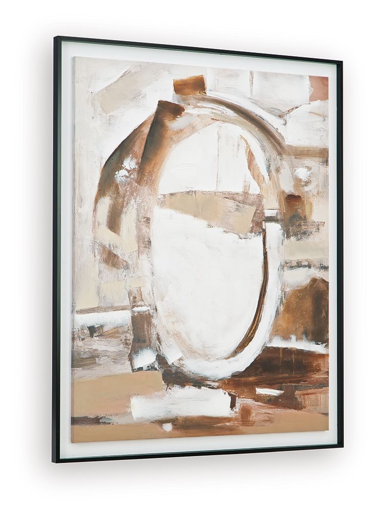 Framed abstract wall art in brown and white with black accents, oval ring motif