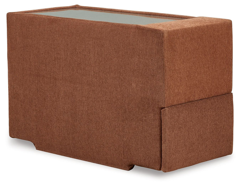 Spice brown fabric console with storage, open top tray