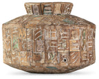Textured ceramic vase with mosaic block design and rounded top opening, brown with teal accents.
