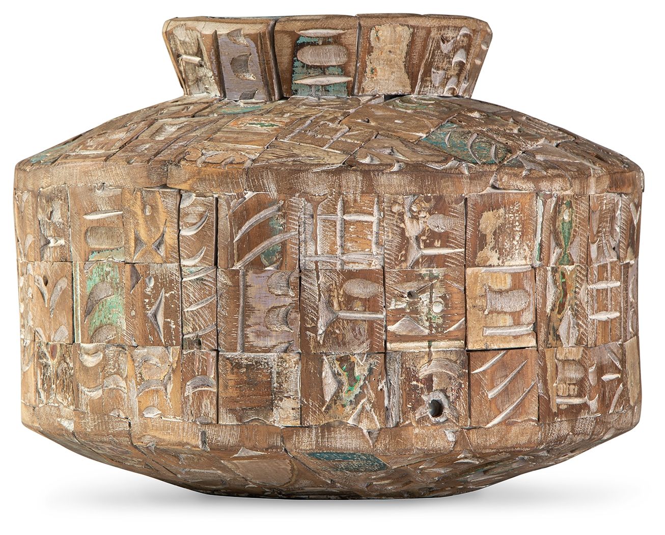 Textured ceramic vase with mosaic block design and rounded top opening, brown with teal accents.