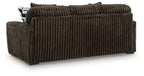 Brown corduroy sofa with track arms and squared legs, shown from a front-left angle.