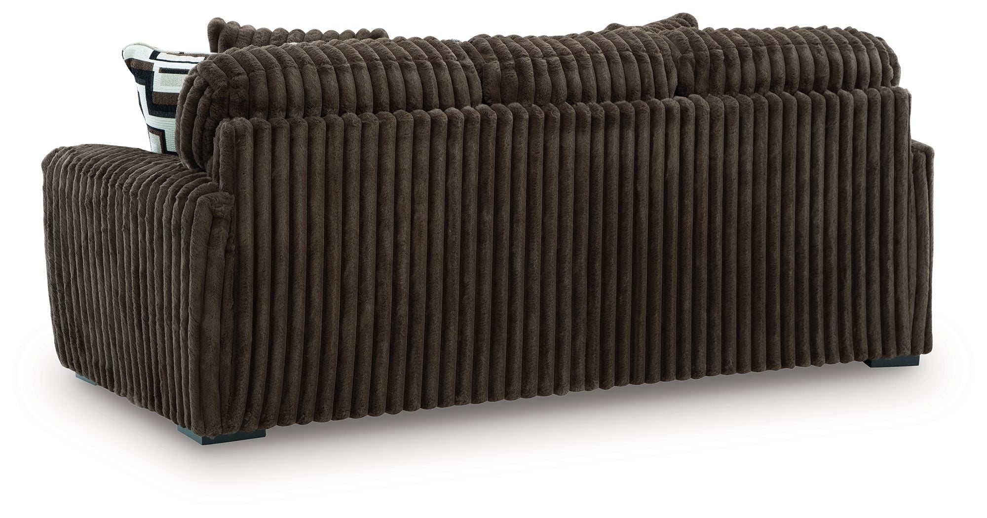 Brown corduroy sofa with track arms and squared legs, shown from a front-left angle.