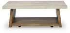 Rectangular table with light brown wood frame, concrete-look top, and lower shelf
