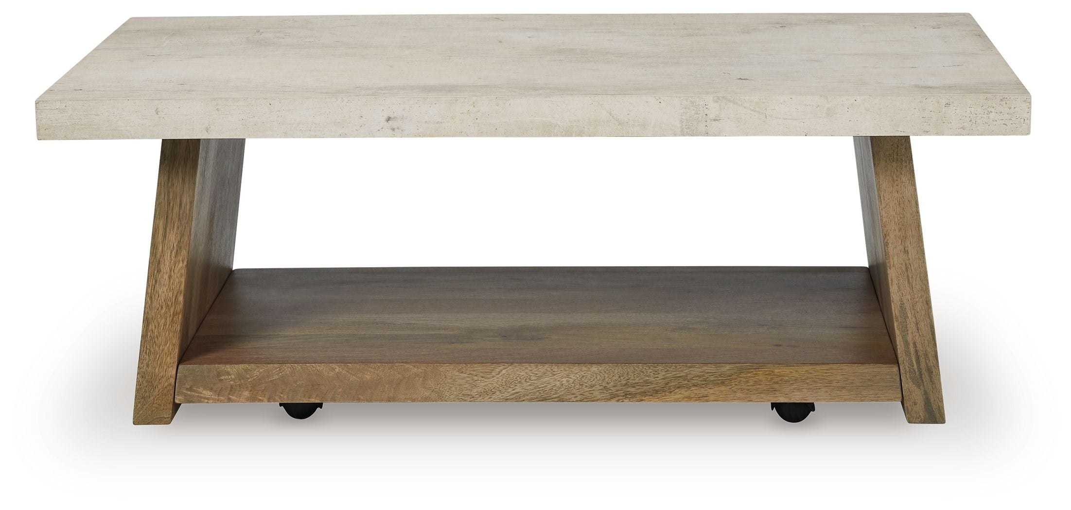 Rectangular table with light brown wood frame, concrete-look top, and lower shelf