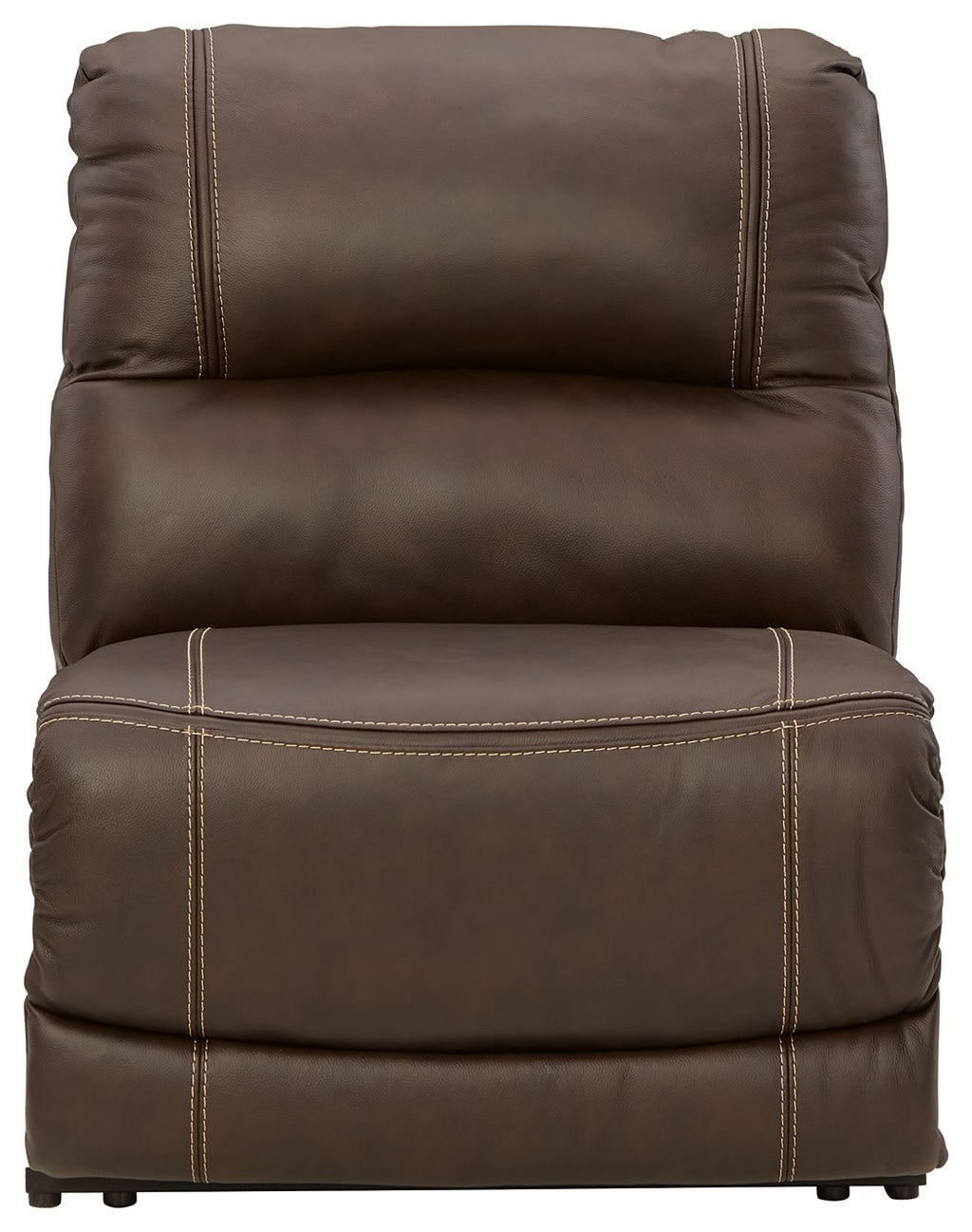 Chocolate brown armless power recliner with adjustable headrest, padded back and sides