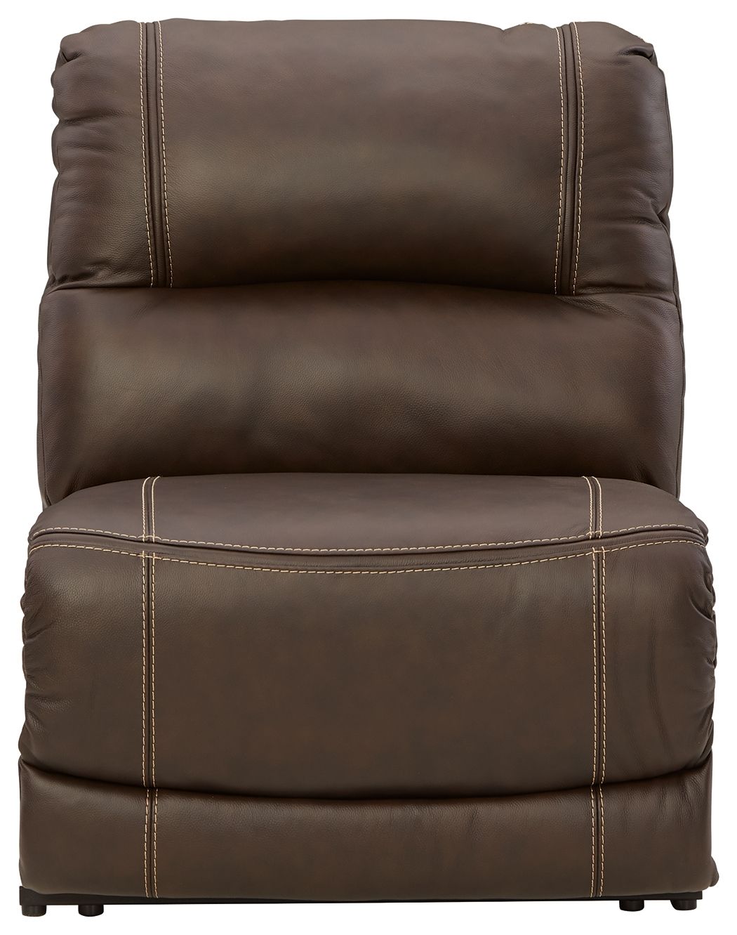 Chocolate brown armless power recliner with adjustable headrest, padded back and sides