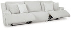 Light gray reclining sectional sofa with striped upholstery and visible recline mechanism