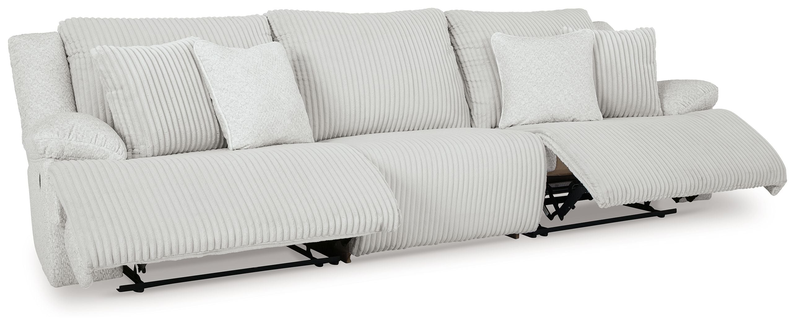 Light gray reclining sectional sofa with striped upholstery and visible recline mechanism