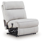 Power armless recliner in light gray with padded adjustable headrest